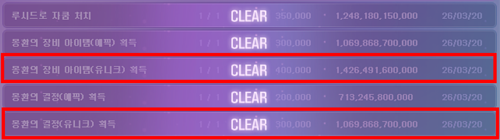 유니크 장비 및 결정 획득 미션 클리어 예시