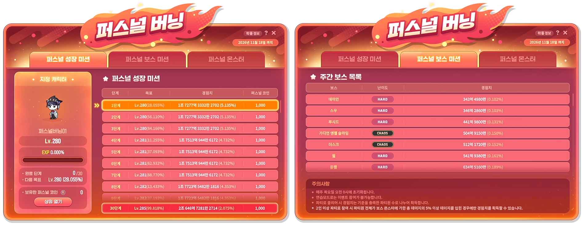 퍼스널 성장 미션 및 보스 미션 종합 비교 슬라이드