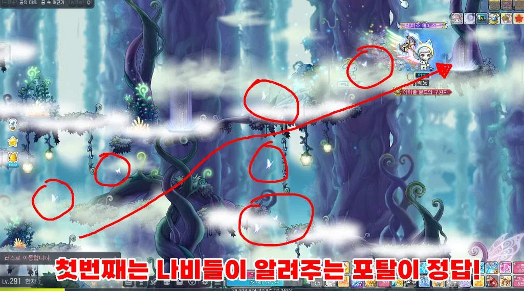 꿈의 미로 1번째 맵 공략 (나비들 경로)